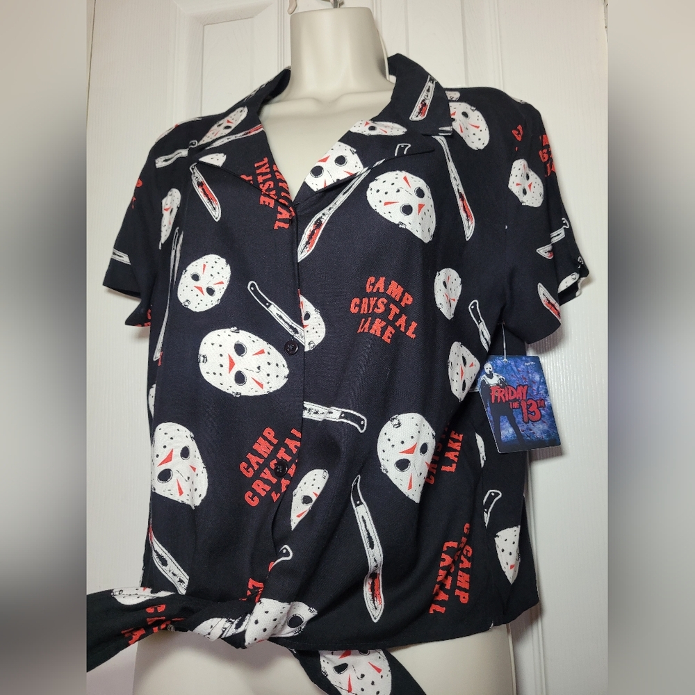 Friday the 13th Camp Crystal Lake Tie-Front Button-up Shirt Machete Horror Large - Picture 11 of 11